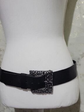 Black Leather Belt with Ornate Metal Buckle